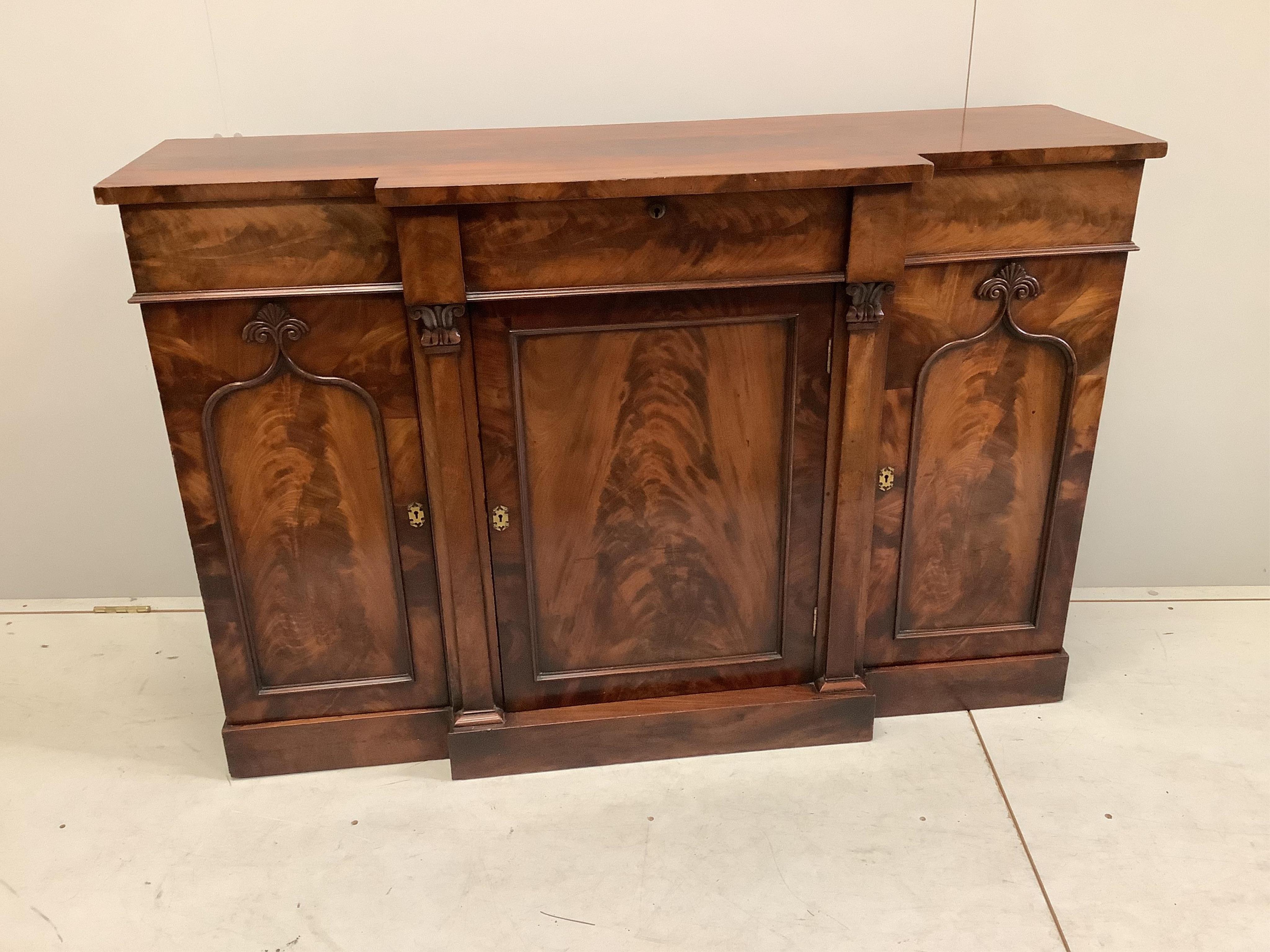 A William IV mahogany breakfront sideboard, width 137cm, depth 42cm, height 92cm. Condition - good.